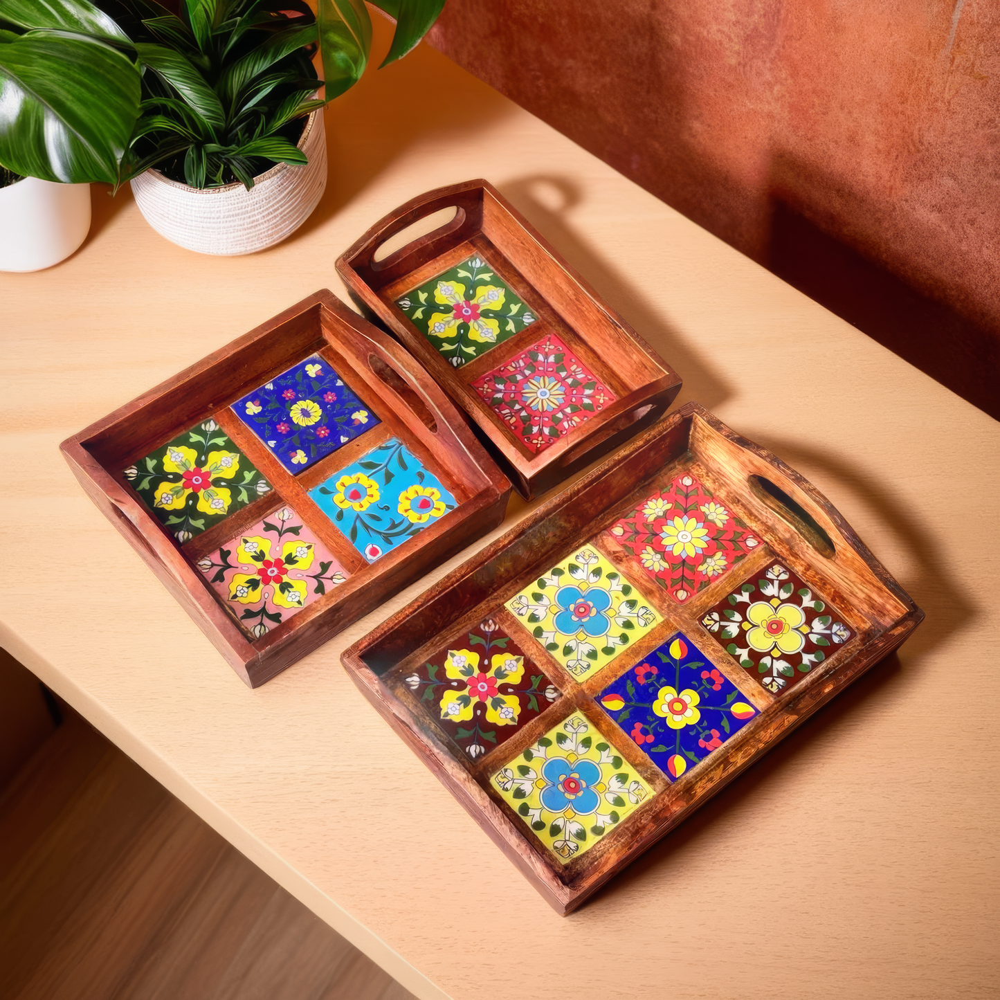 Blue Pottery Serving Tray Set of 3