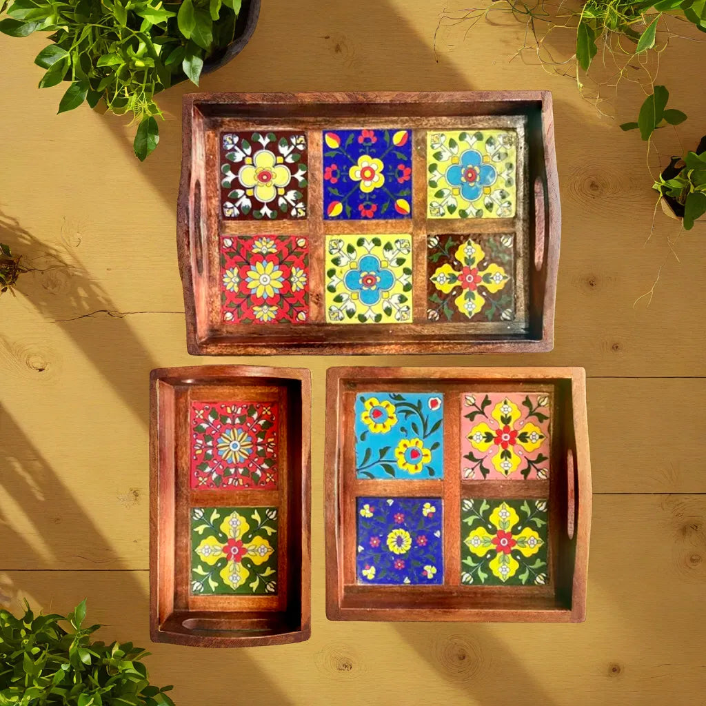 Blue Pottery Serving Tray Set of 3
