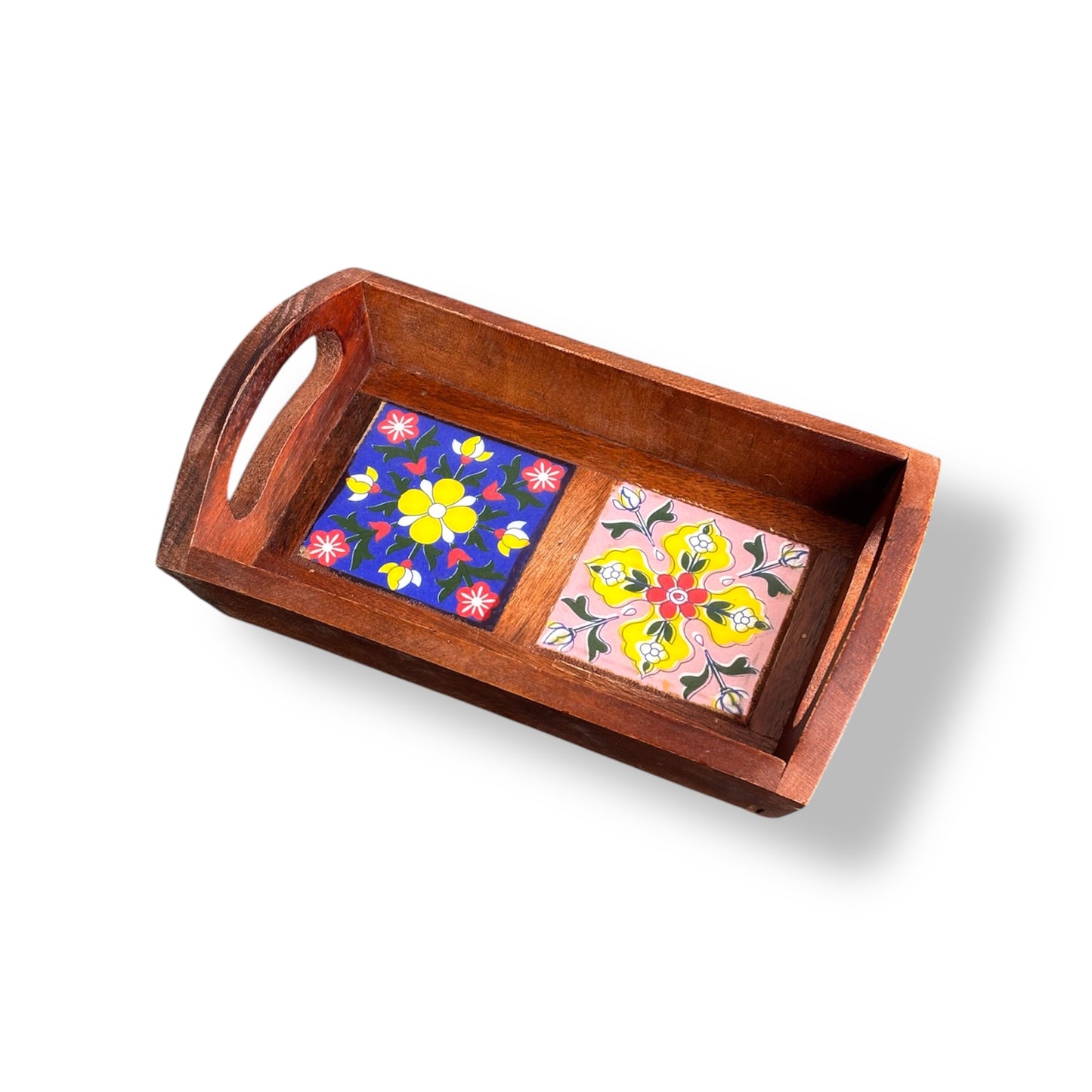 Blue Pottery Wooden Tray 2 Tile