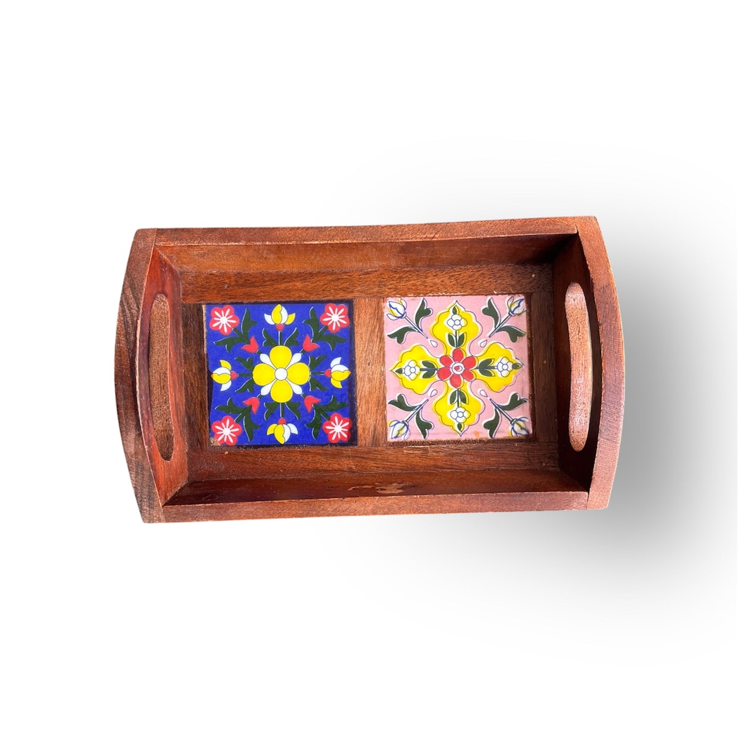 Blue Pottery Wooden Tray 2 Tile